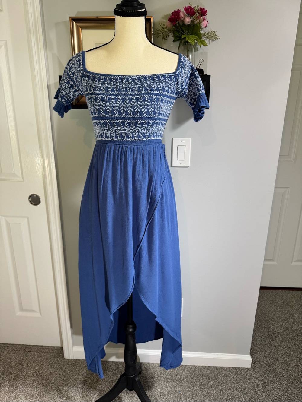 Promesa Blue off the Shoulder Smocked Midi Dress